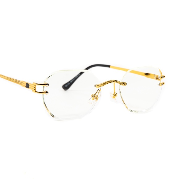 Men's Hip Hop Oval Clear Lens Retro Rimless Gold Frame Glasses - Picture 2 of 5